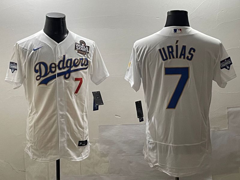 Men Los Angeles Dodgers 7 Urias White Gold Elite 2025 Nike MLB Jersey style 7